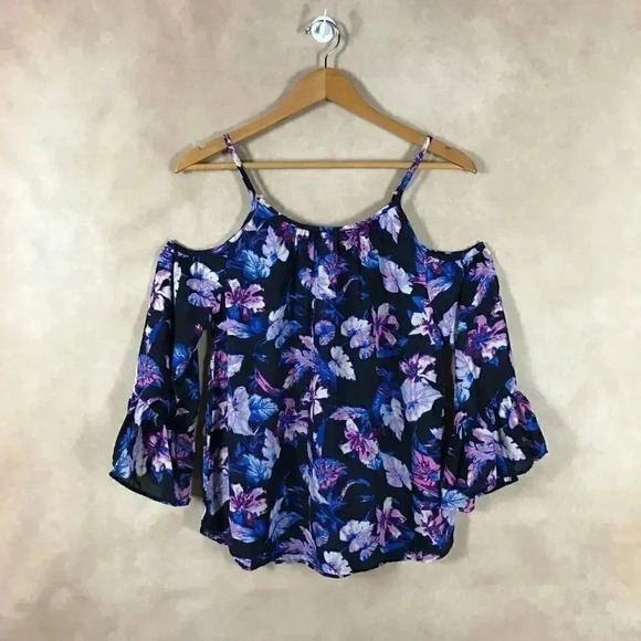 7 Sisters Women's Navy Floral Bell-Sleeved Cold-Shoulder Blouse, Small - Picture 2 of 5